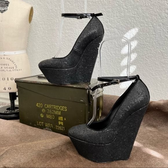 Giuseppe Zanotti Shoes - Giuseppe Zanotti Glitter Suede Platform Wedge Ankle Strap High Heels Pumps